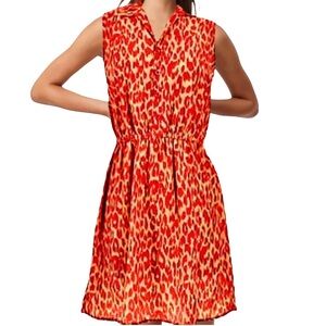 BeBop Red Tan Leopard Print Sleeveless Button Up Elastic Waist Sundress Sz S Jrs